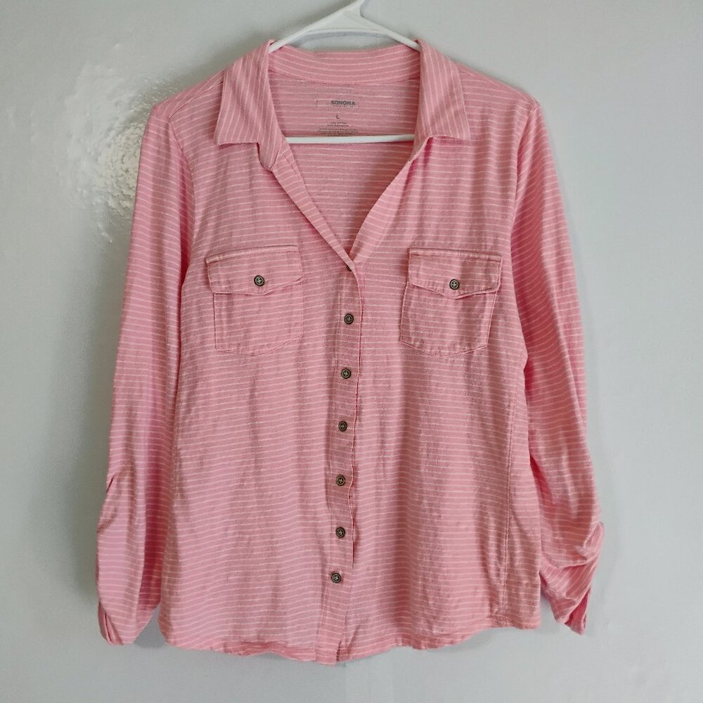 Sonoma Pink White Stripe Button Down Top L 100% Cotton